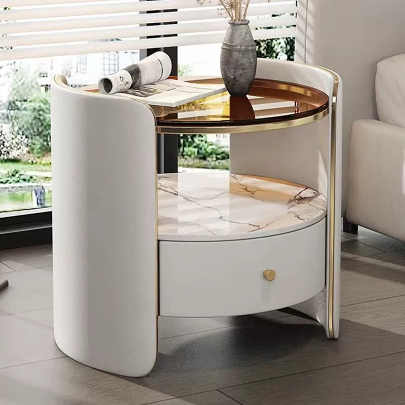 Round bedside cabinet with a drawer and open shelf