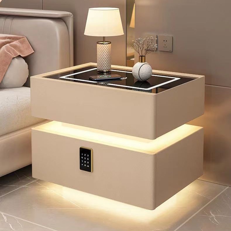 Bedside cabinet shown with illuminated shelves and a control panel